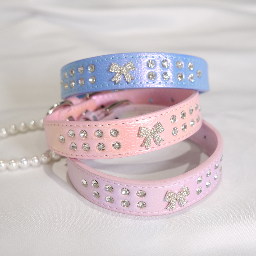 Stylish Blue Dog Collar with Rhinestone Embellishments and Sparkly Bow – Adjustable XS/S/M
