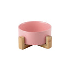Pink Ceramic Pet Bowl with Bamboo Stand