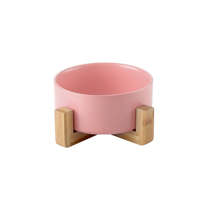Pink Ceramic Pet Bowl with Bamboo Stand