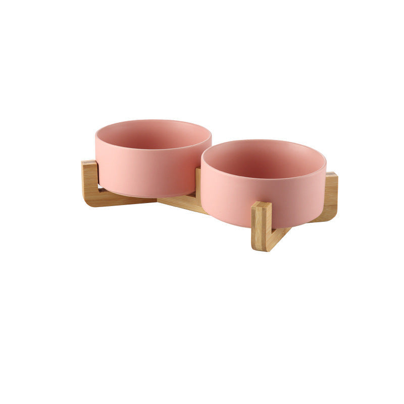 Double Ceramic Pet Bowl with Bamboo Stand