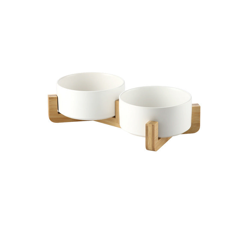 Double Ceramic Pet Bowl with Bamboo Stand