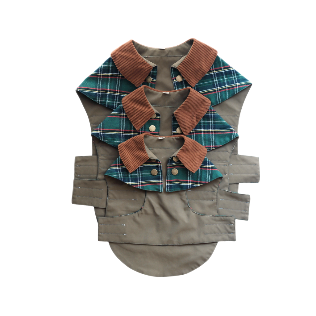 Handmade British Heritage Dog Coat —  Olive Tartan Light Coat
