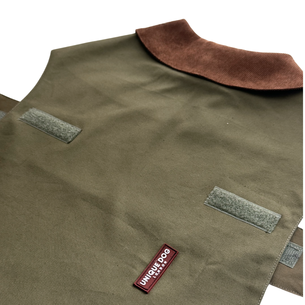 Handmade British Heritage Dog Coat —  Olive Light Coat with Tartan Lining