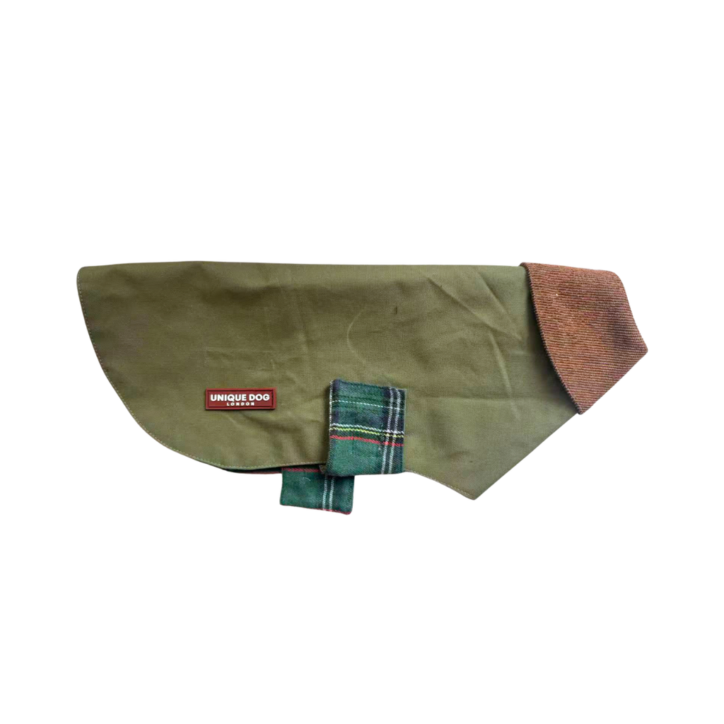 Handmade British Heritage Dog Coat —  Olive Light Coat with Tartan Lining