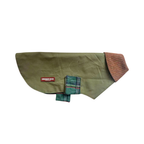 Handmade British Heritage Dog Coat —  Olive Light Coat with Tartan Lining