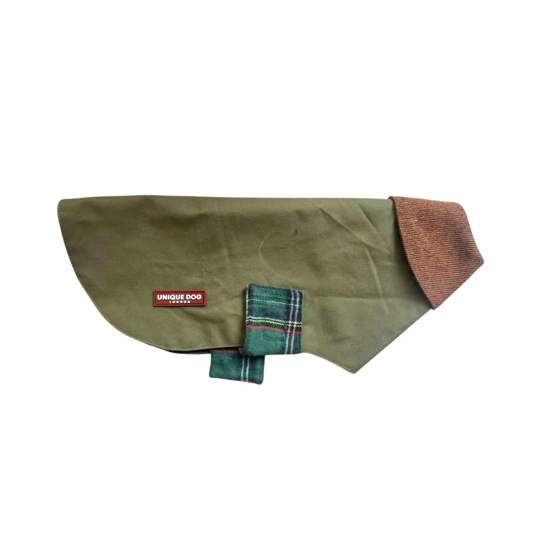 Handmade British Heritage Dog Coat —  Olive Light Coat with Tartan Lining