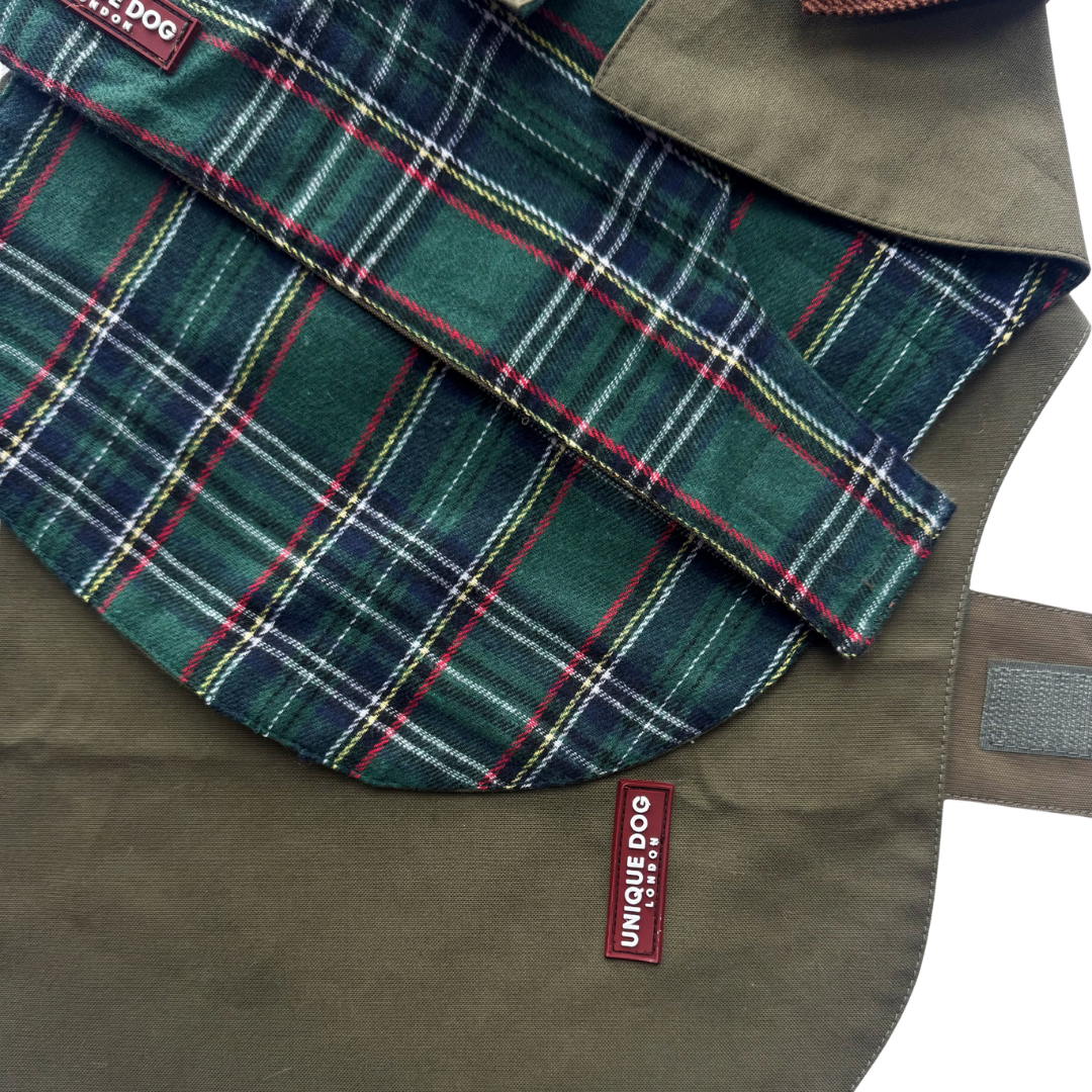 Handmade British Heritage Dog Coat —  Olive Light Coat with Tartan Lining