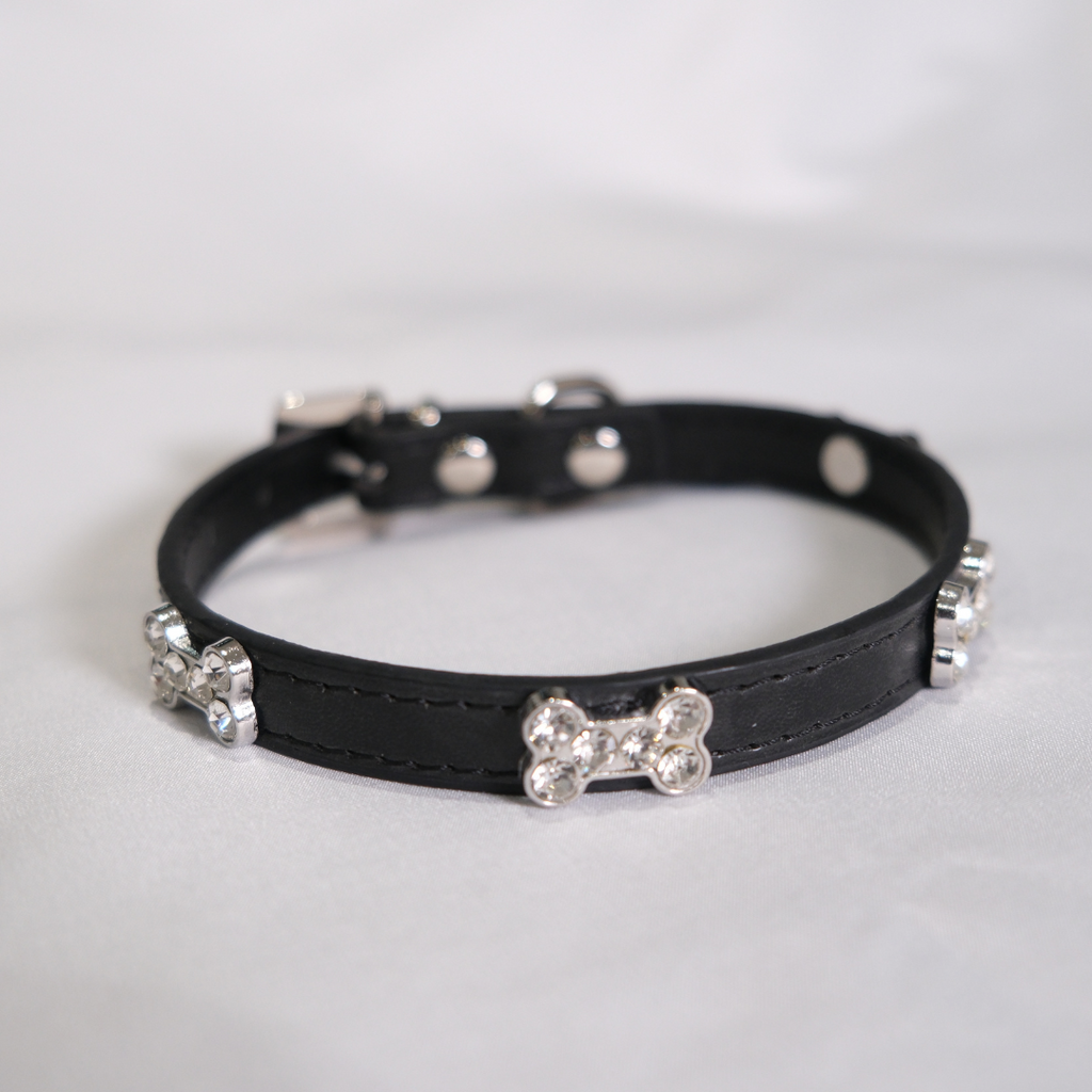 Black Rhinestone Bone Dog Collar