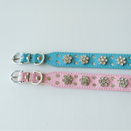 Bling Crystal Flower Dog Collar – Blue Faux Leather for Sparkly Small & Medium Dogs