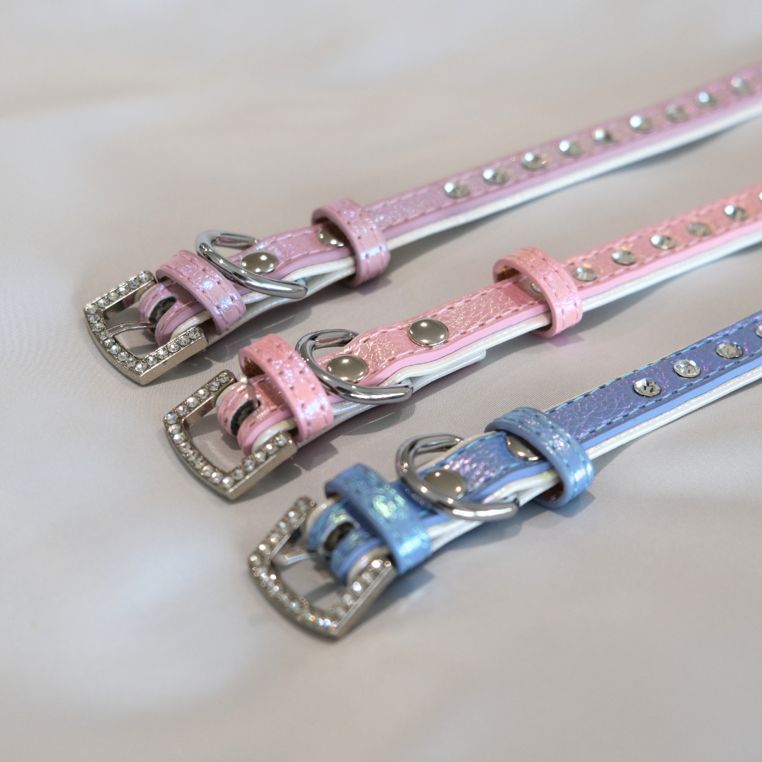 Iridescent Blue Rhinestone Dog Collar – Shiny Faux Leather with Crystals