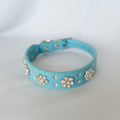 Bling Crystal Flower Dog Collar – Blue Faux Leather for Sparkly Small & Medium Dogs