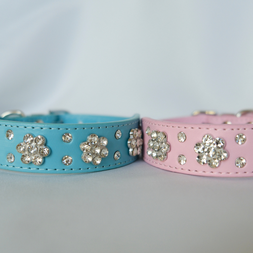 Bling Crystal Flower Dog Collar – Blue Faux Leather for Sparkly Small & Medium Dogs