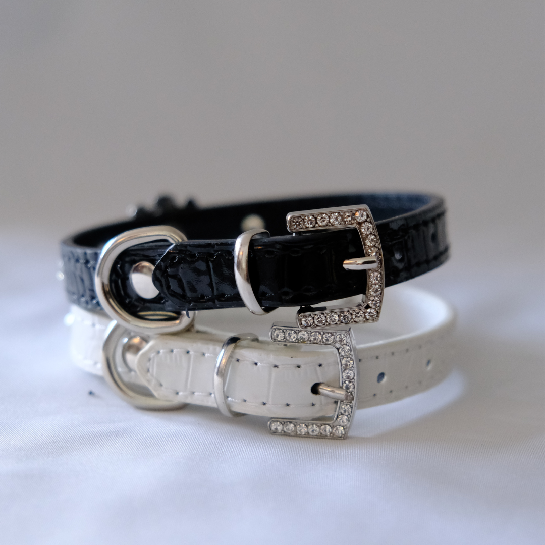 🖤 Black Skull Charm Pet Collar – Faux Croc Leather with Rhinestones