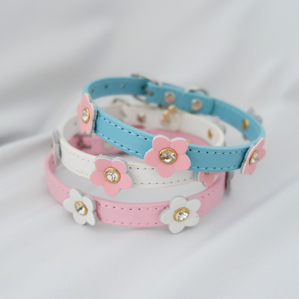 Elegant White Dog Collar with Pink Floral Accents – XS/S/M Sizes