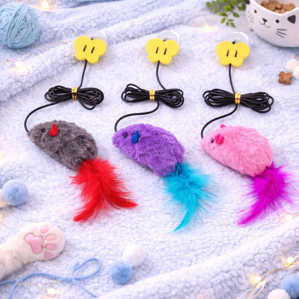 Hanging Door Cat Teaser Stick – Elastic Rope Extendable Interactive Cat Toy with Plush Mouse & Feathers