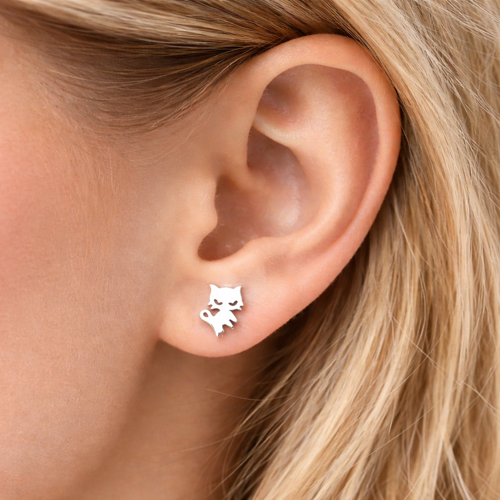 Stainless Steel Cat Stud Earrings – Cute Kitten Silhouette Minimalist Silver Jewellery