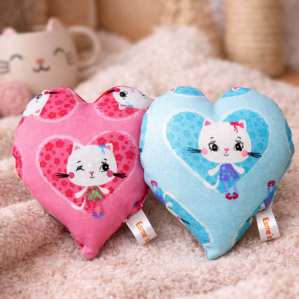 Handmade Organic Catnip Heart Toy – 100% Natural Cat Toy Pillow (Pink & Blue Kitty Design)