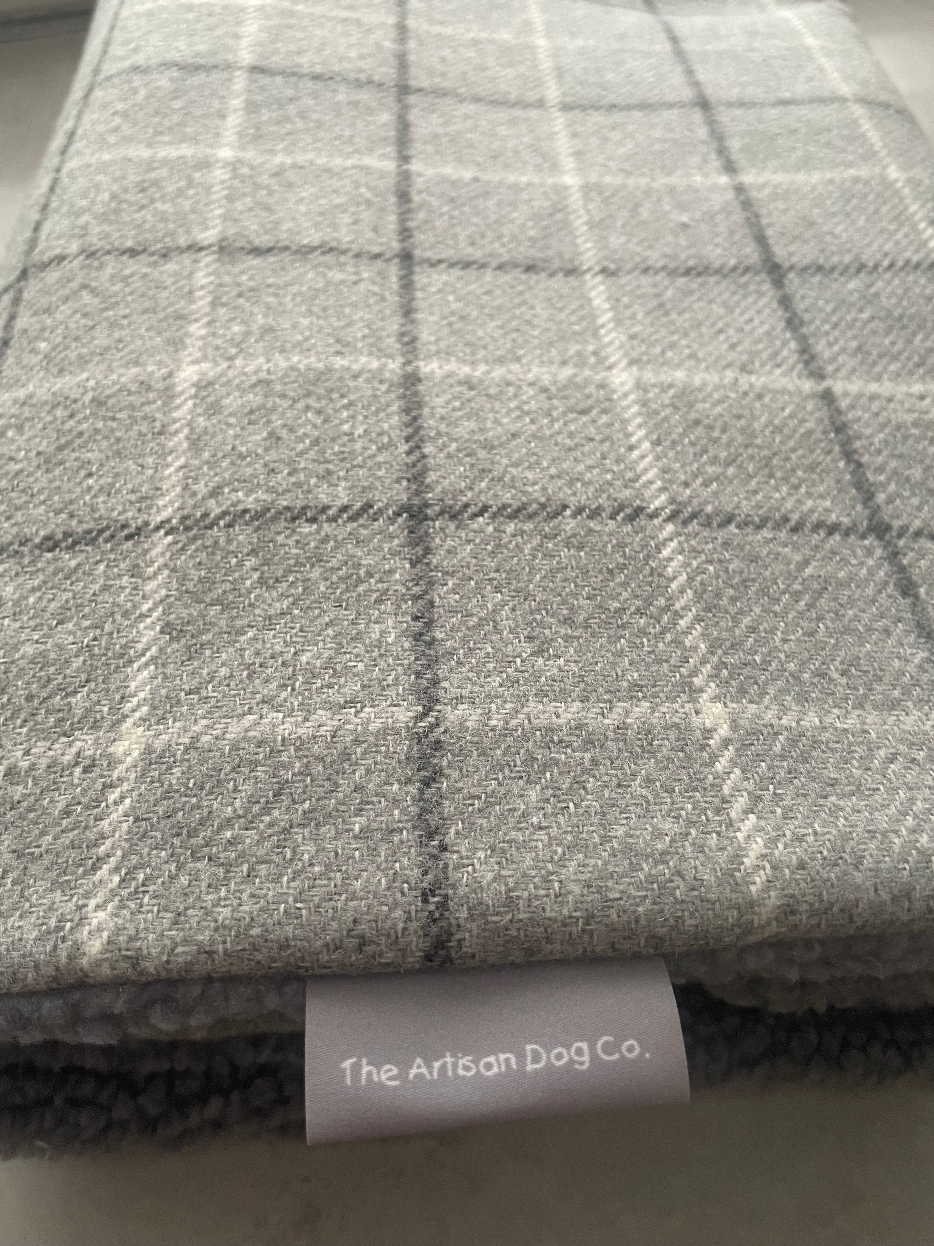 Harris Grey Check Pet Blanket | Reversible Sherpa Fleece | Handmade Luxury Dog Throw | Customisable UK