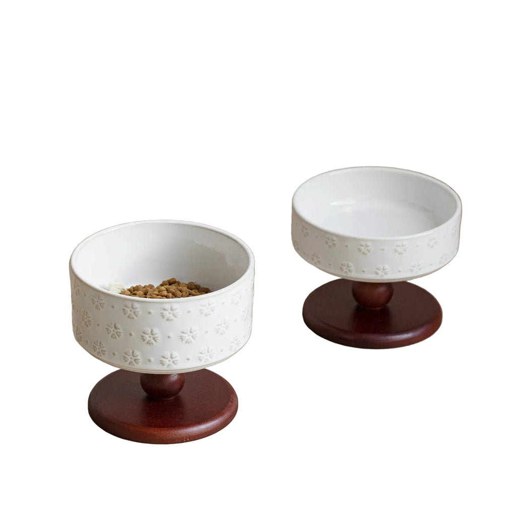 Snowflake Ceramic Pet Bowl with Wooden Base – Red Wood (Raised Profile)