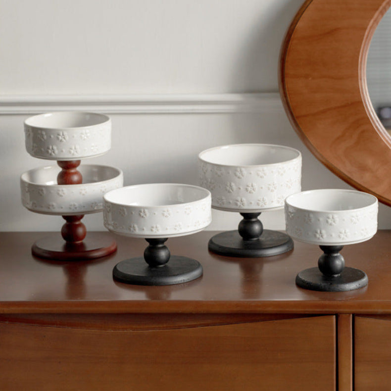 Snowflake Ceramic Pet Bowl with Wooden Base – Black Wood (Raised Profile)