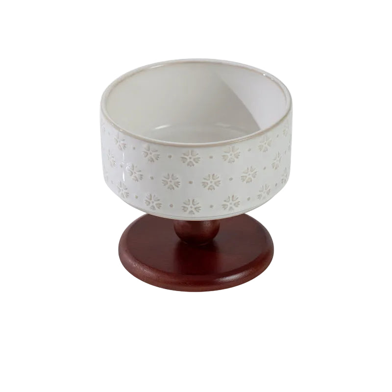 Snowflake Ceramic Pet Bowl with Wooden Base – Red Wood (Raised Profile)