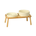 Slow Feeder & Water Bowl Set with Bamboo Stand – Cream White