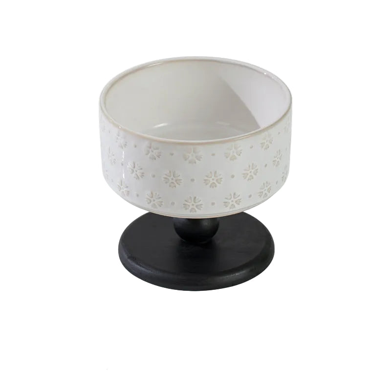 Snowflake Ceramic Pet Bowl with Wooden Base – Black Wood (Raised Profile)