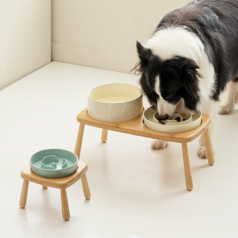 Slow Feeder & Water Bowl Set with Bamboo Stand – Cream White