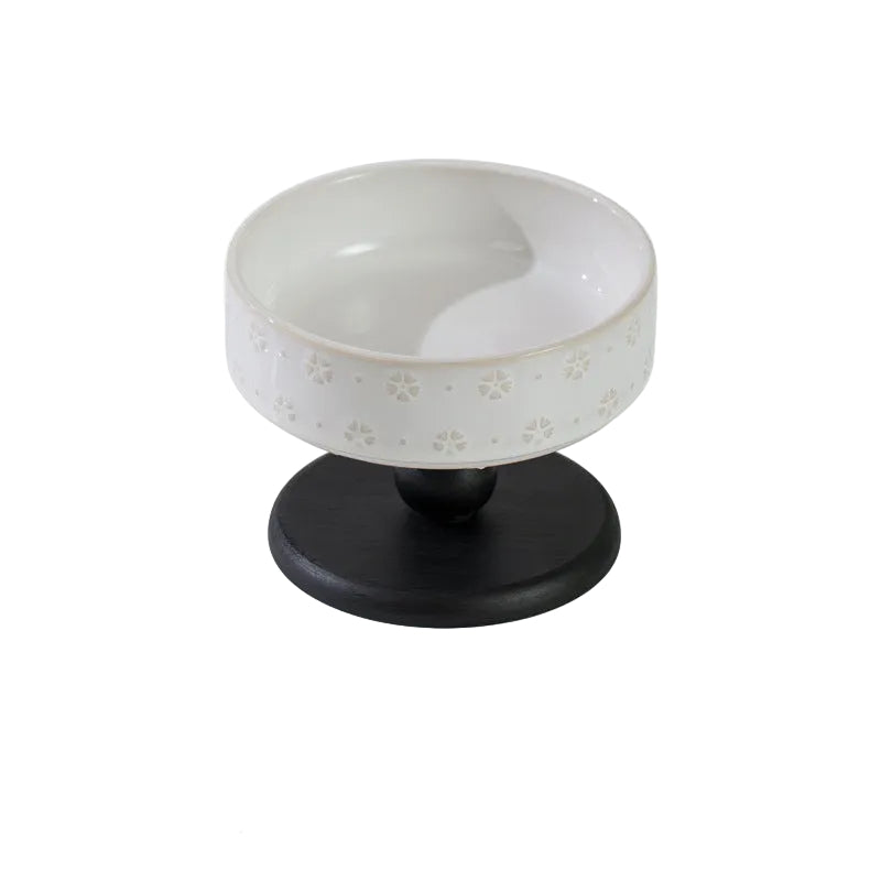 Snowflake Ceramic Pet Bowl with Wooden Base – Black Wood (Raised Profile)