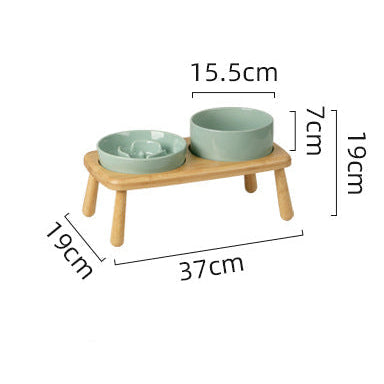 Slow Feeder & Water Bowl Set with Bamboo Stand – Cream White