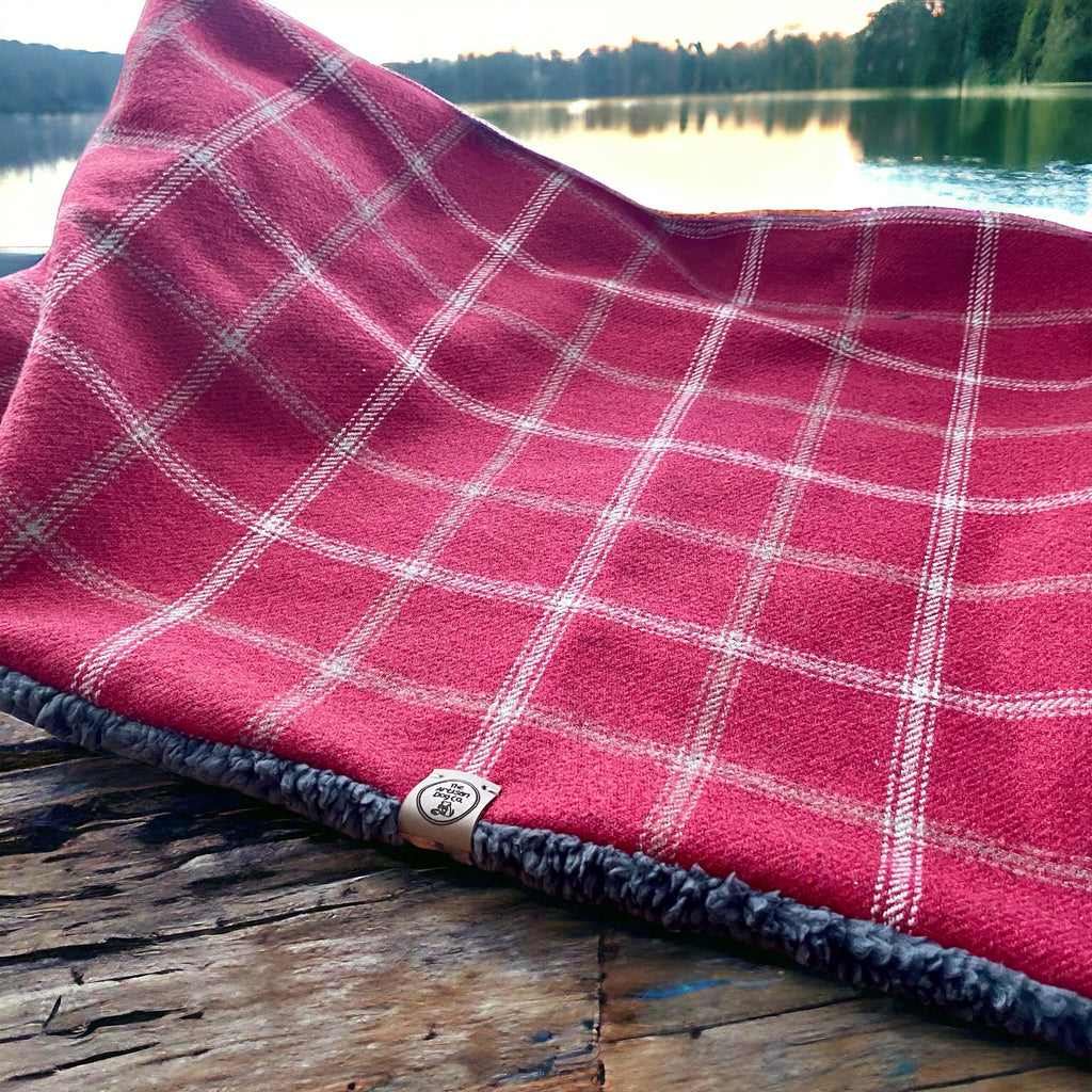 Drogo Red Check Dog Blanket | Luxury Handmade Reversible Sherpa Throw | Customisable Pet Blanket UK
