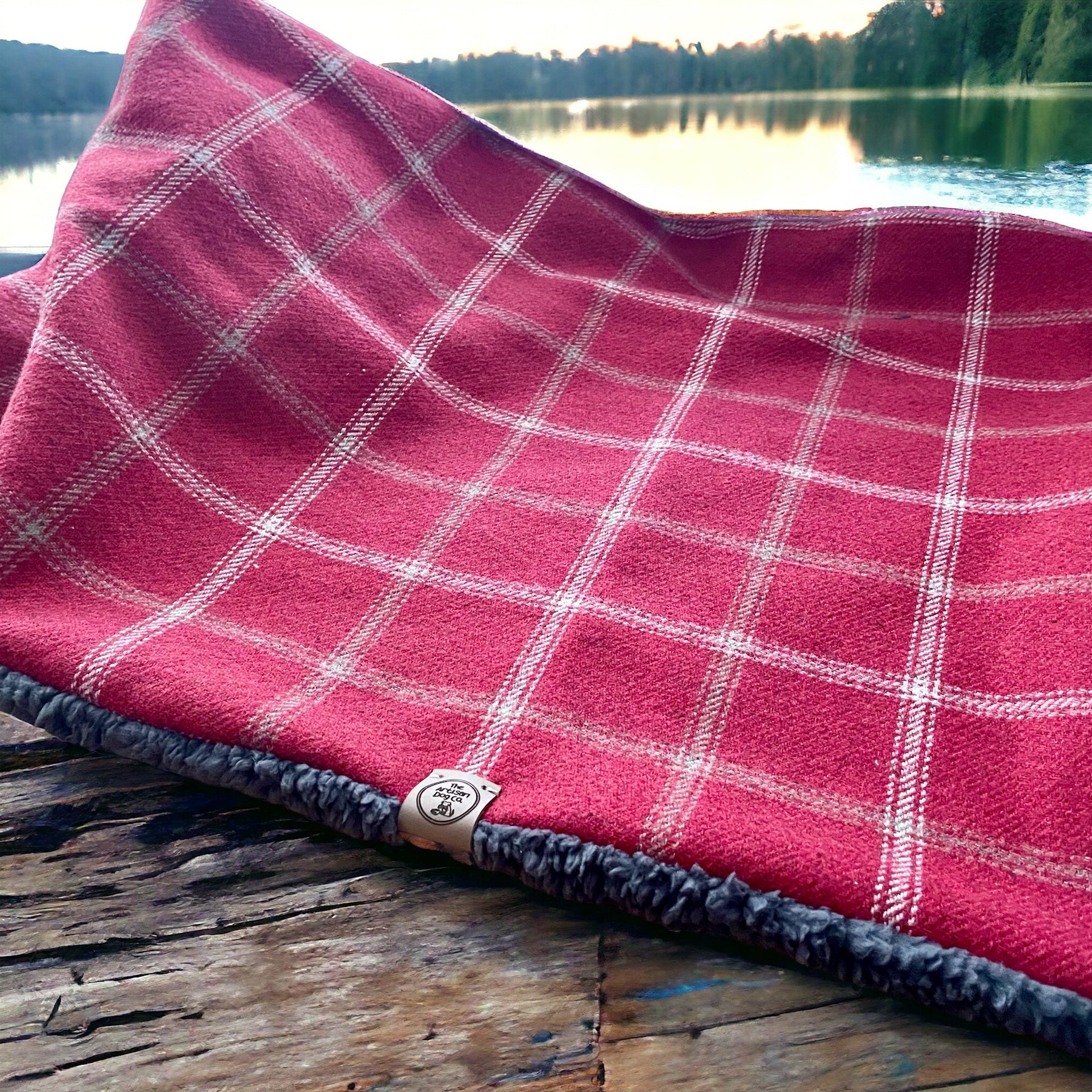 Drogo Red Check Dog Blanket | Luxury Handmade Reversible Sherpa Throw | Customisable Pet Blanket UK