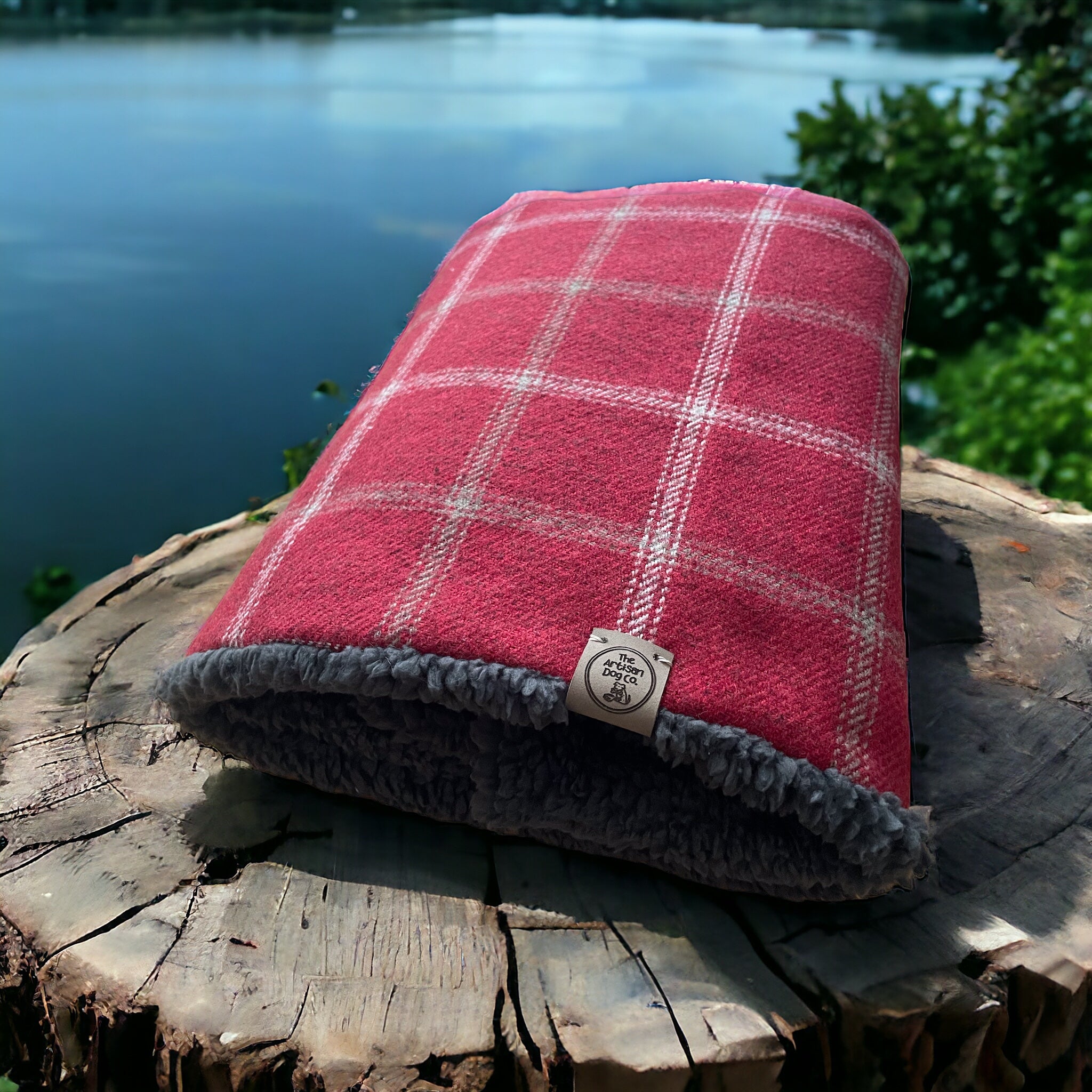 Drogo Red Check Dog Blanket | Luxury Handmade Reversible Sherpa Throw | Customisable Pet Blanket UK