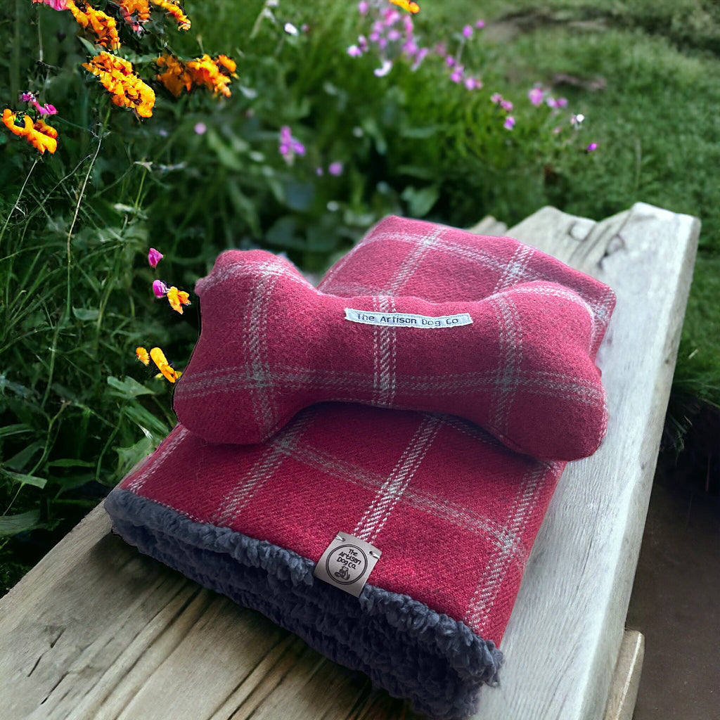 Drogo Red Check Dog Blanket | Luxury Handmade Reversible Sherpa Throw | Customisable Pet Blanket UK