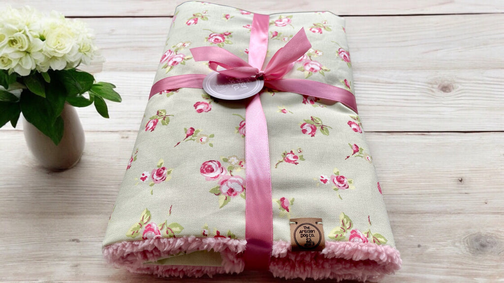 Dolly Floral Dog Blanket | Luxury Handmade Reversible Sherpa Throw | Seasonal Pet Blanket UK | Customisable