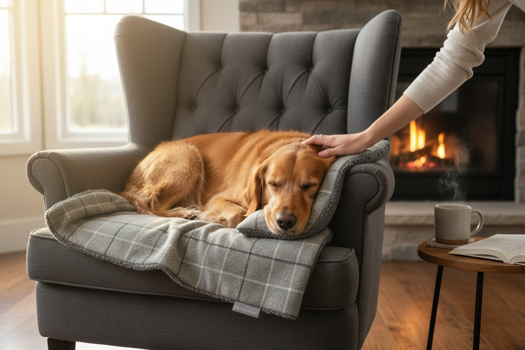 Harris Grey Check Pet Blanket | Reversible Sherpa Fleece | Handmade Luxury Dog Throw | Customisable UK