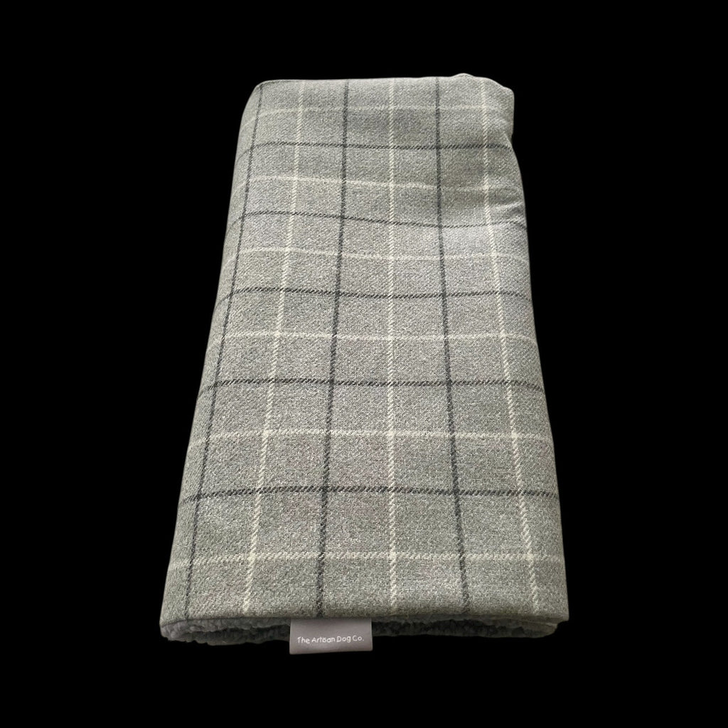 Harris Grey Check Pet Blanket | Reversible Sherpa Fleece | Handmade Luxury Dog Throw | Customisable UK