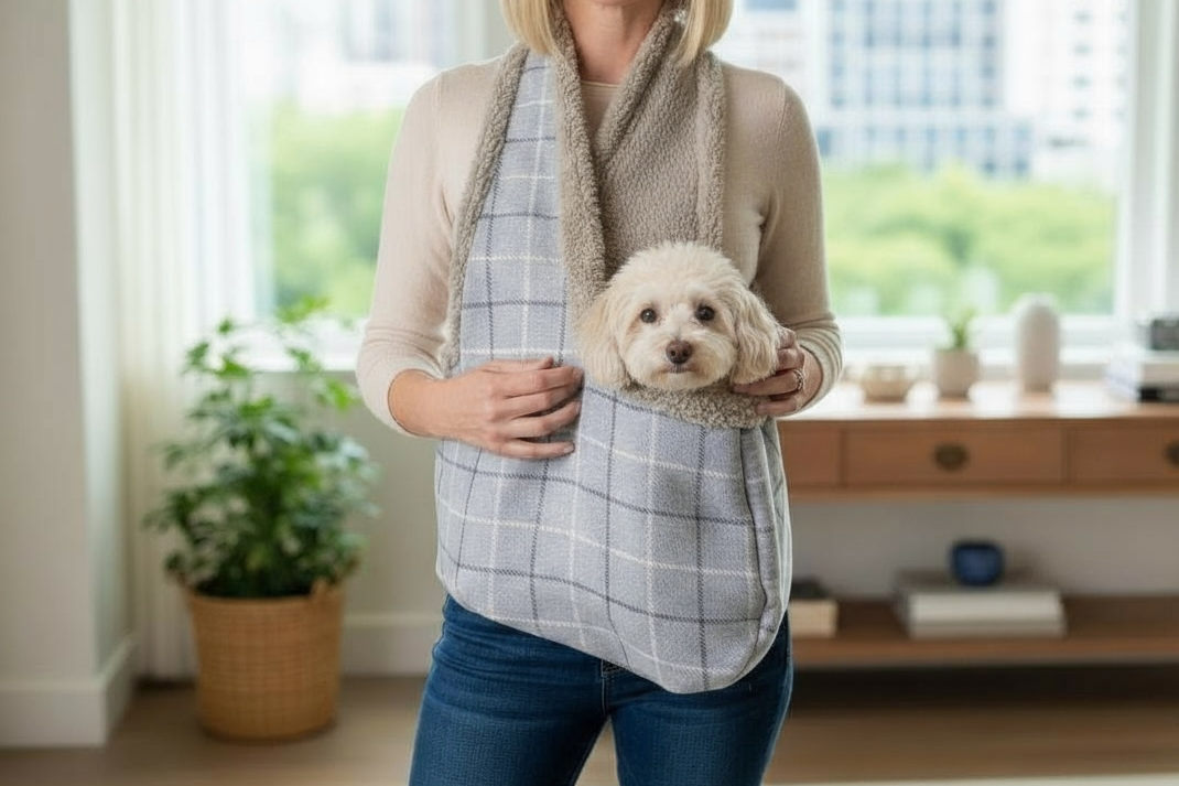 Handcrafted, luxury puppy/small dog carrier/sling - Harris Grey Check