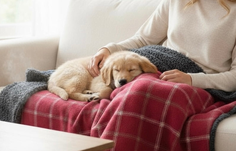 Drogo Red Check Dog Blanket | Luxury Handmade Reversible Sherpa Throw | Customisable Pet Blanket UK