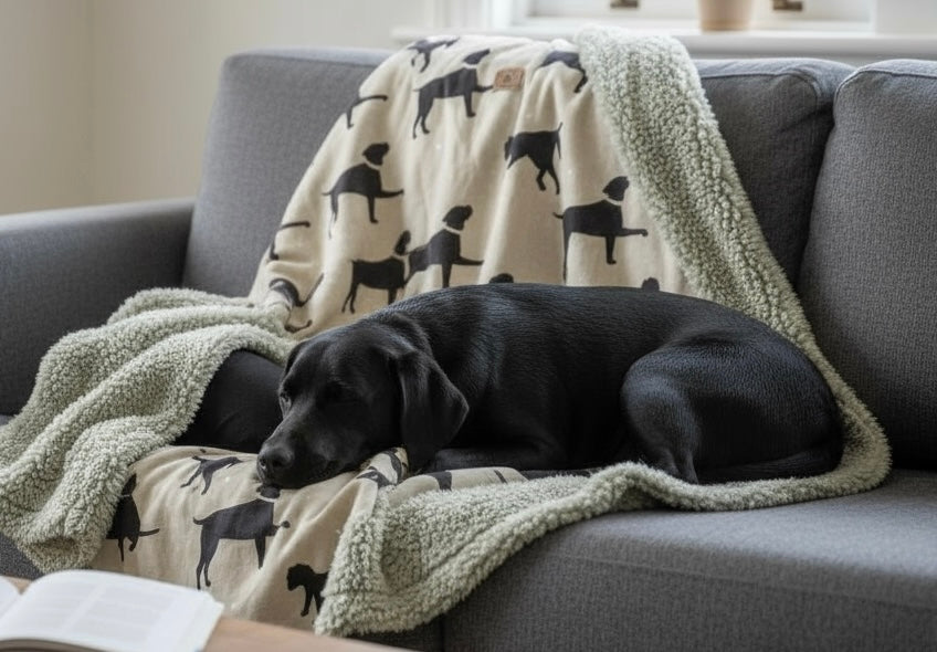 Walter Dog Blanket | Luxury Handmade Reversible Sherpa Fleece | Elegant Dog Print Pet Throw UK