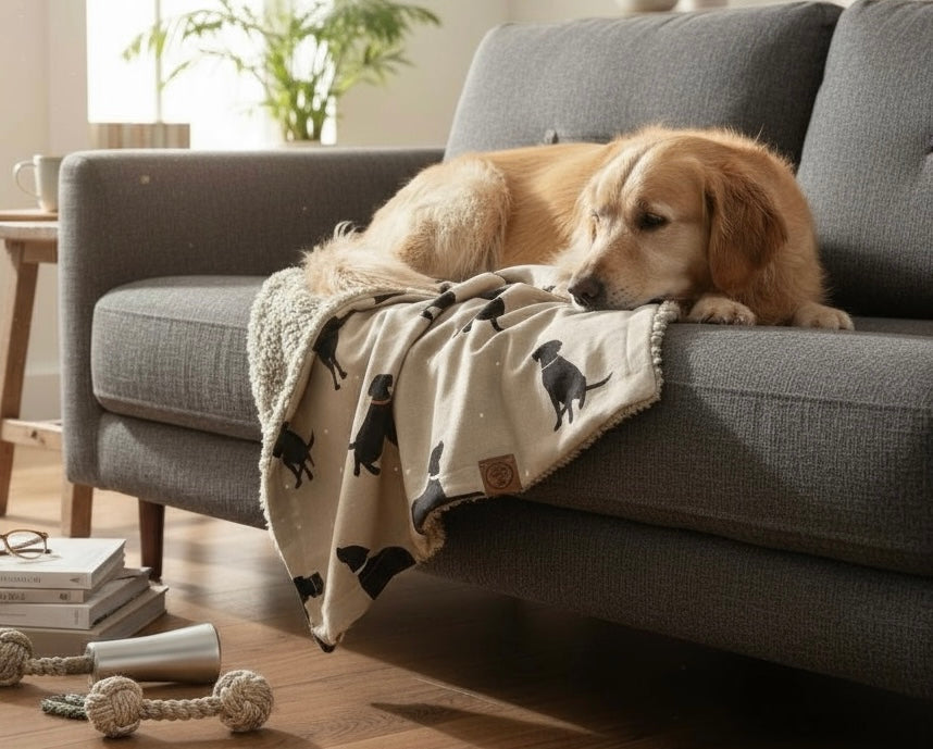 Walter Dog Blanket | Luxury Handmade Reversible Sherpa Fleece | Elegant Dog Print Pet Throw UK