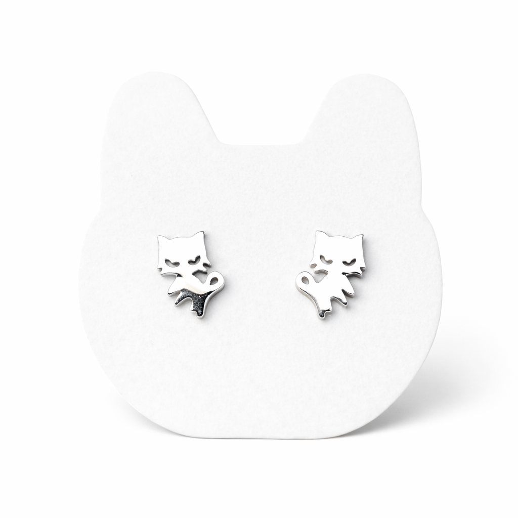Stainless Steel Cat Stud Earrings – Cute Kitten Silhouette Minimalist Silver Jewellery