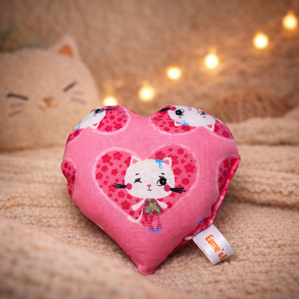 Handmade Organic Catnip Heart Toy – 100% Natural Cat Toy Pillow (Pink & Blue Kitty Design)