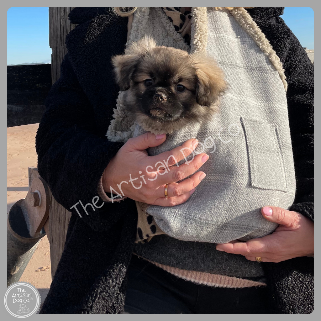 Handcrafted, luxury puppy/small dog carrier/sling - Harris Grey Check