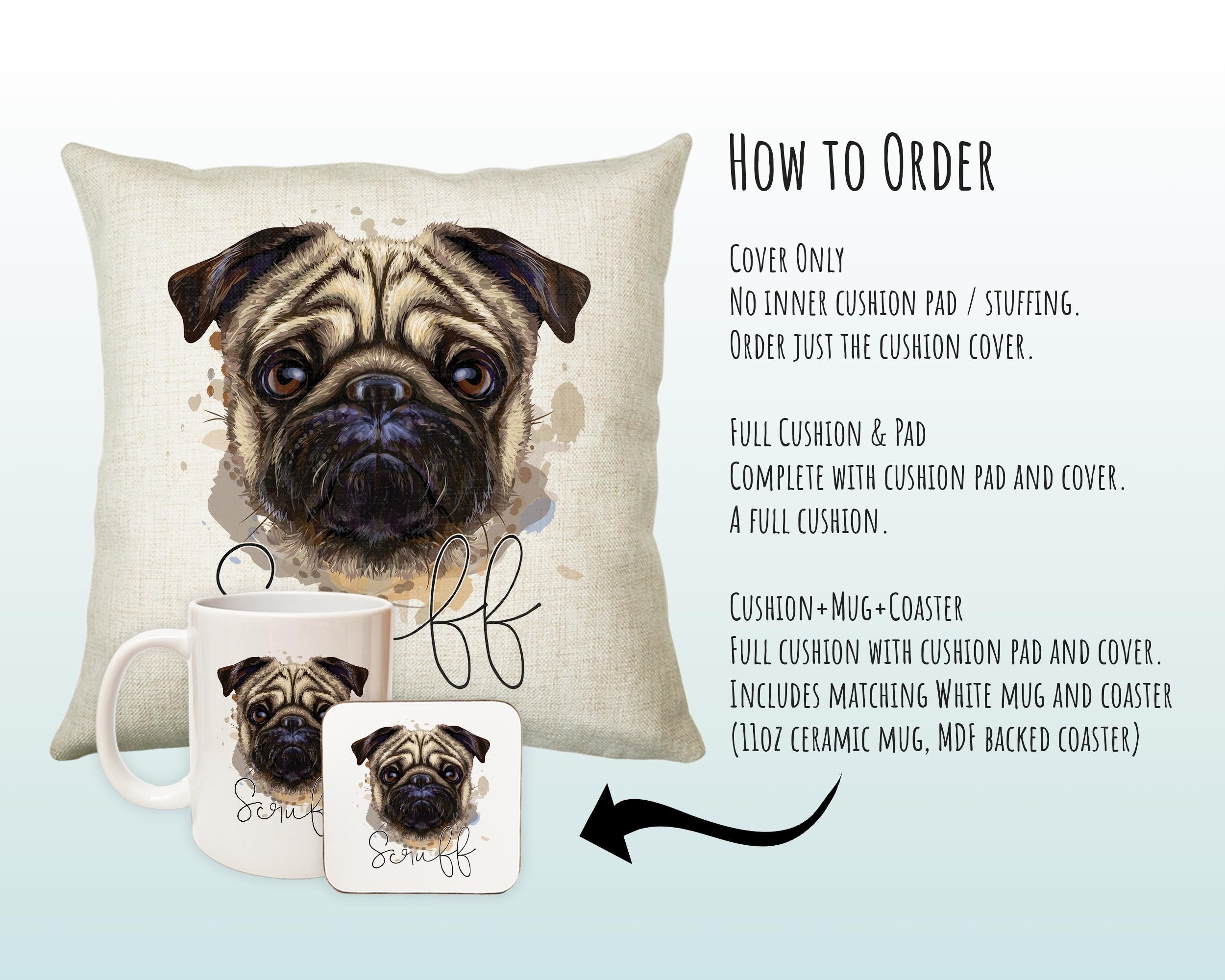 Personalised Pug Cushion Gift Printed Name Design - Cushion Throw Pillow Gift For Dog Lover Dog Mum Dad CS301