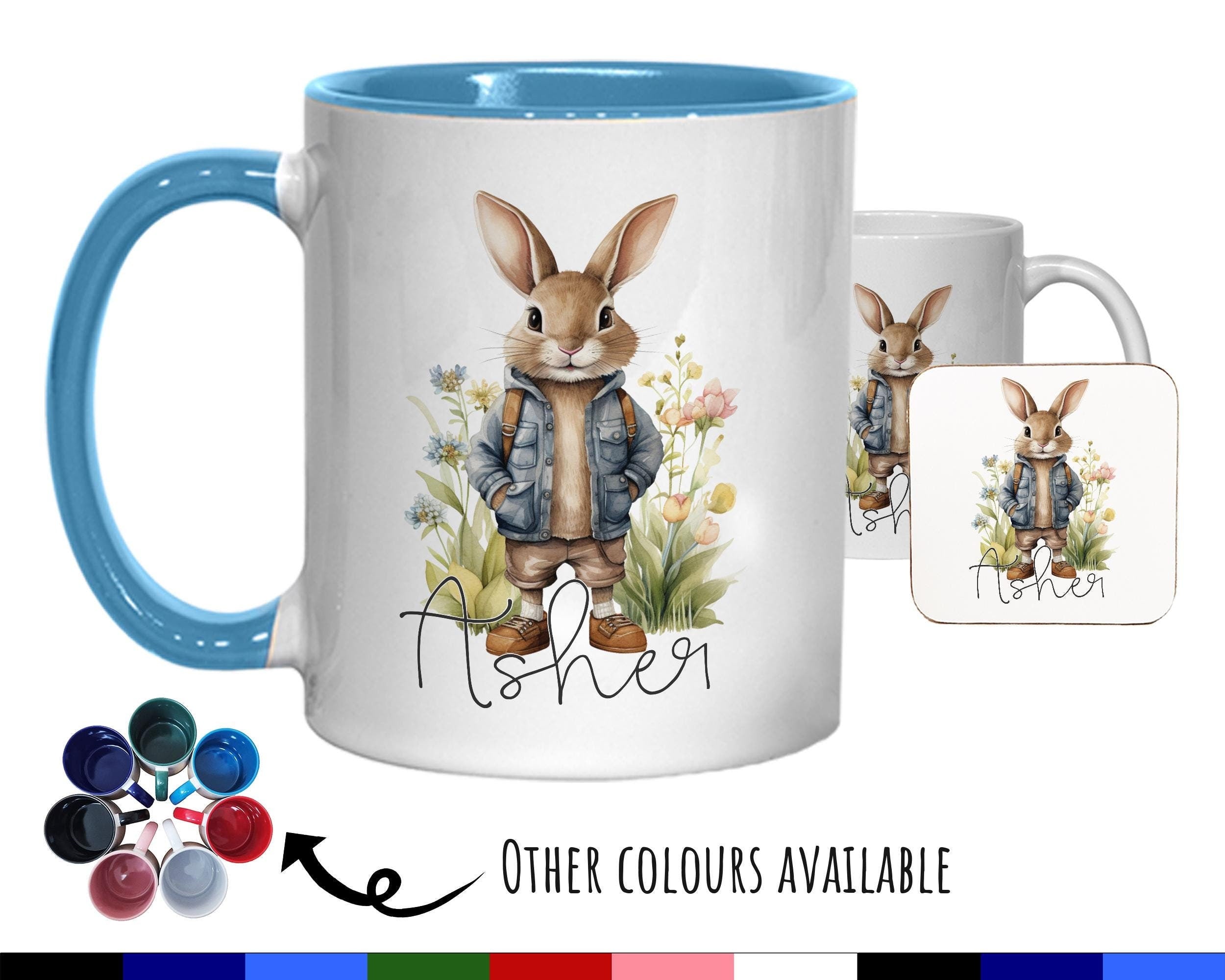 Personalised Bunny Rabbit Gift Mug - Ceramic Coffee Tea Hot Chocolate Mug Coaster Cute Rabbit Flowers Animal - Secret Santa Gift Idea MG0879