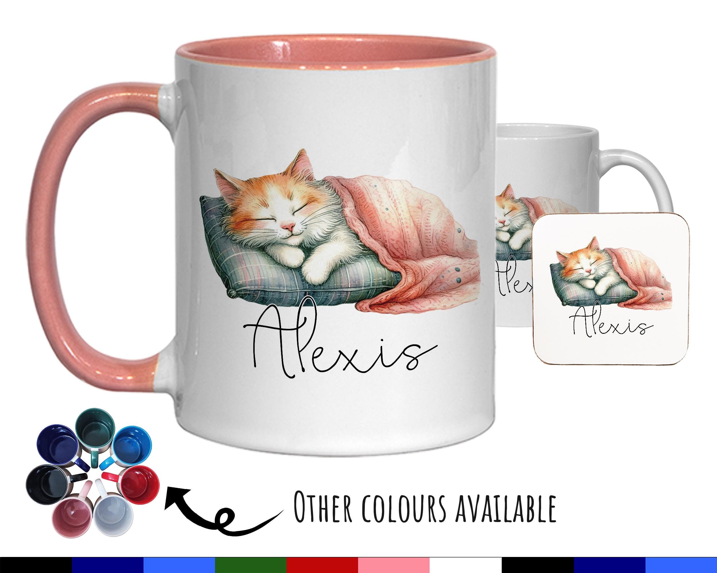 Personalised Cat Lovers Gift Mug - Ceramic Coffee Tea Chocolate Mug Coaster Cat Sleeping Design for Cat Owner Cat Mum Secret Santa MG0892