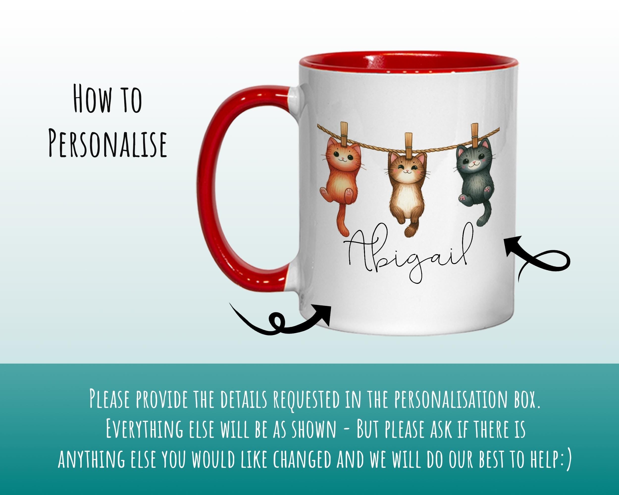 Personalised Cat Lovers Gift Mug - Ceramic Coffee Tea Chocolate Mug Coaster Clothes Line Cats Design for Cat Mum Owner Secret Santa MG0894