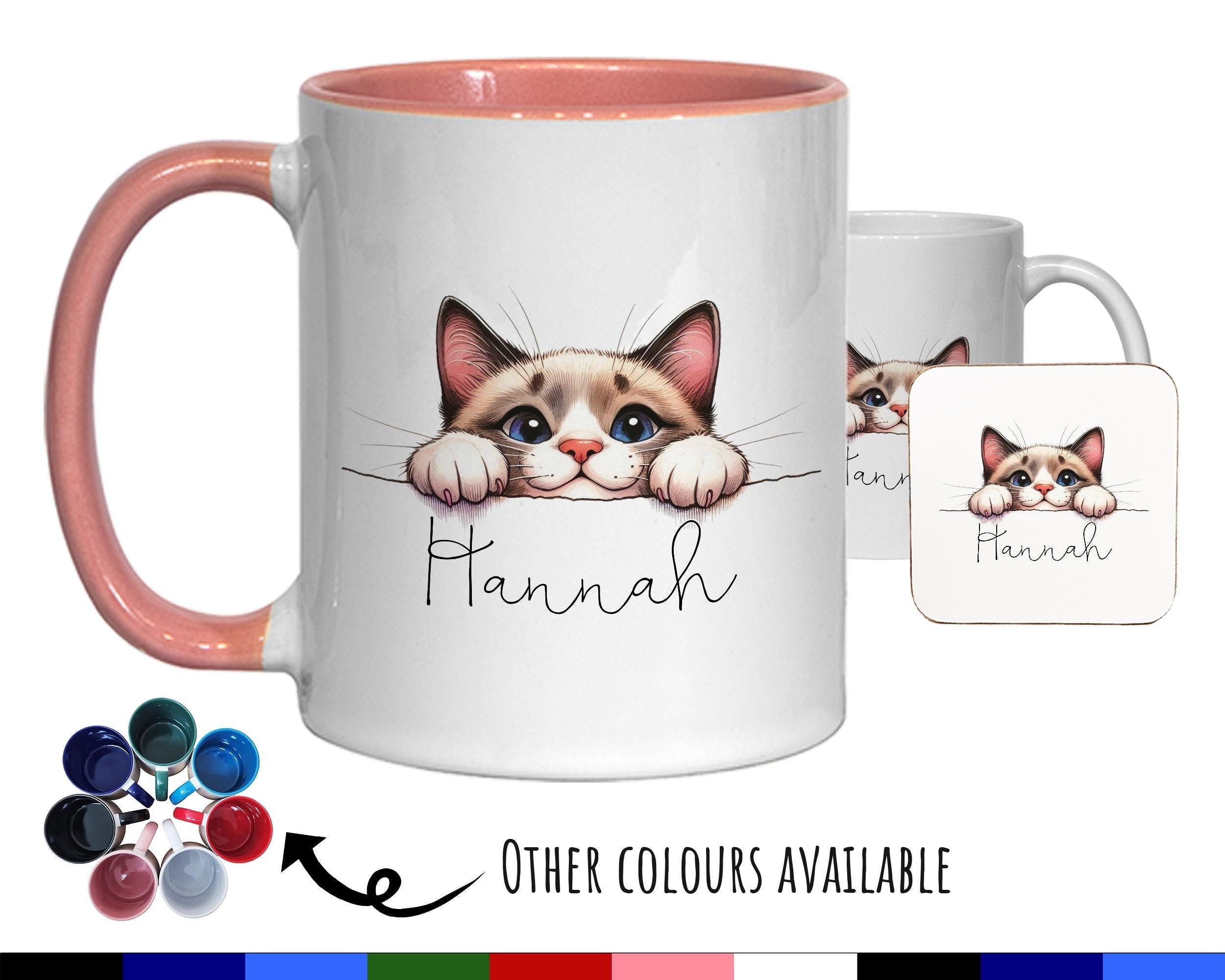 Personalised Cat Lovers Gift Mug - Ceramic Coffee Tea Chocolate Mug Coaster - Peeping Cat Design for Cat Mum Dad Owner Secret Santa MG0899