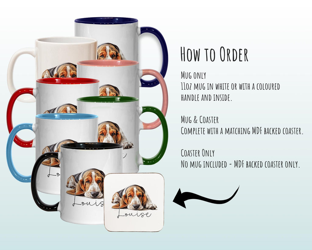 Personalised Basset Hound Gift Mug - Ceramic Coffee Tea Chocolate Mug Coaster Basset Hound Design for Dog Mum Dad Owner Secret Santa MG0910
